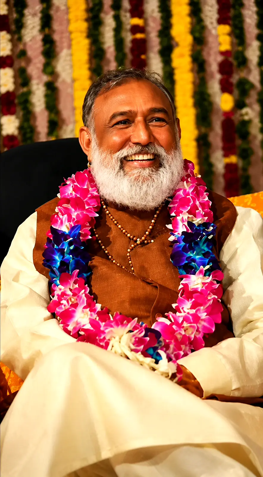 Pujya Guruji adorned with a flower garland