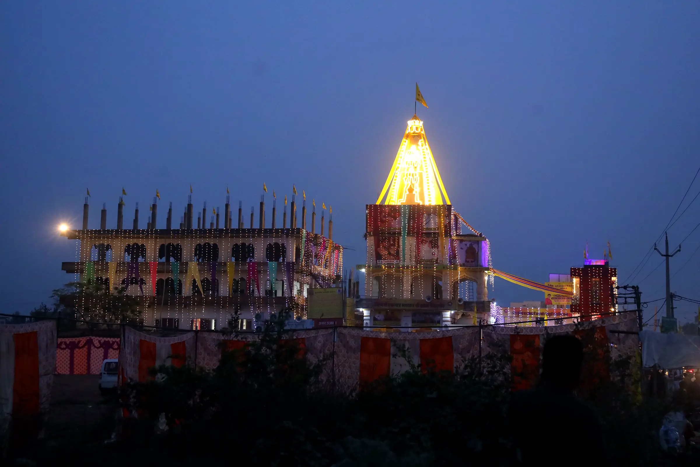 The temple skyline at dusk