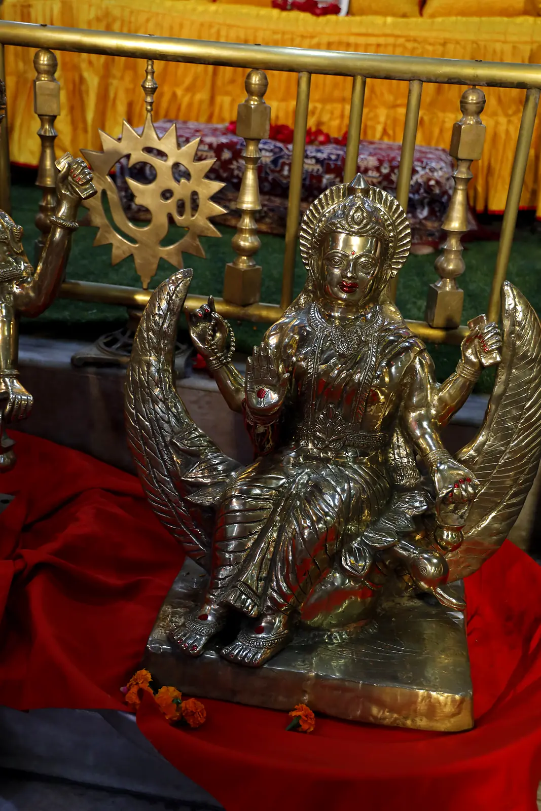 Brass murti of Mother Saraswati on the hamsa
